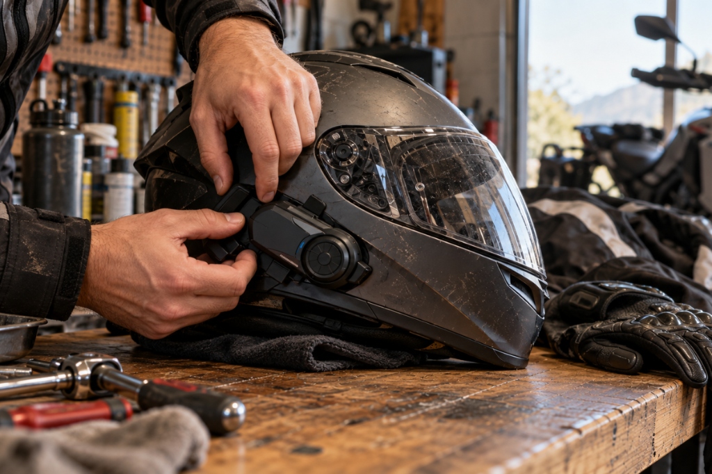 Installation d'un intercom Cardo sur casque moto en atelier